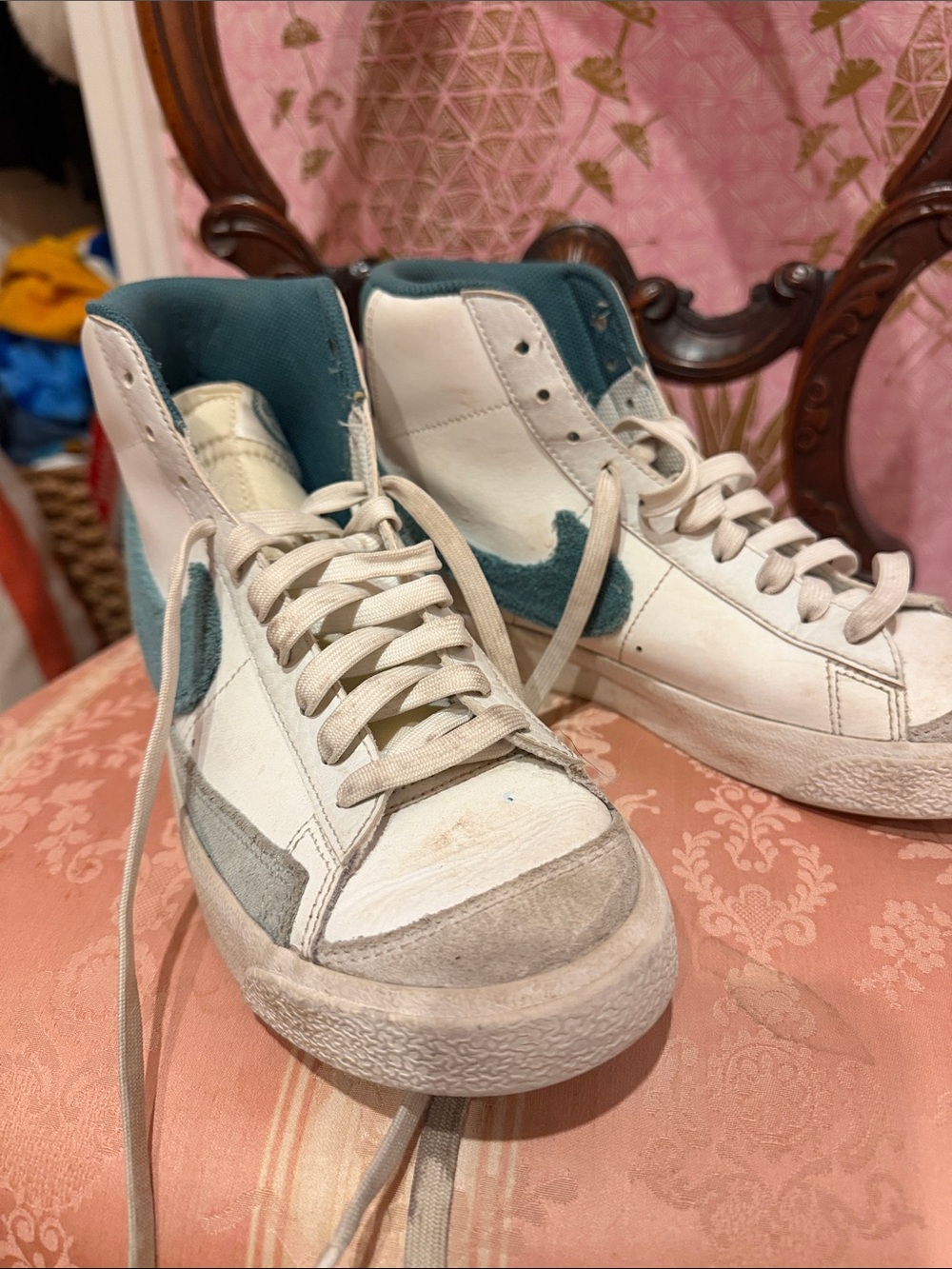 Nike White and Teal Kids High-Top Sneakers